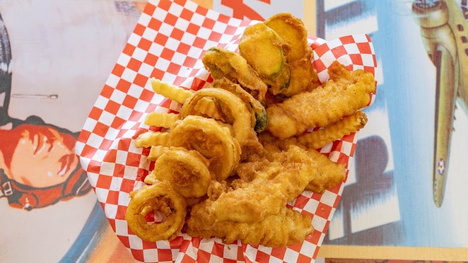 Printed menu with fried fish and seafood options.