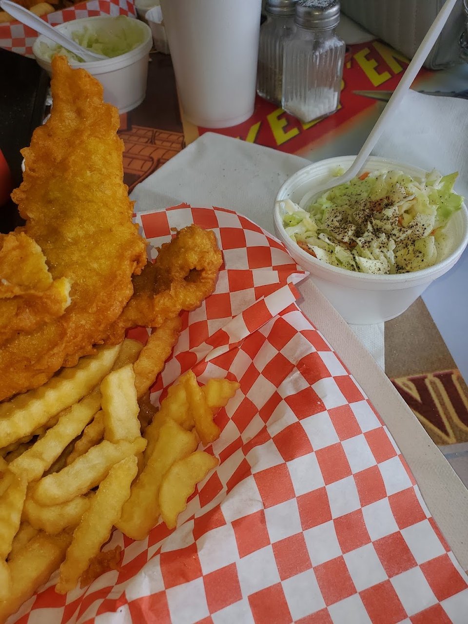Printed menu with fried fish and seafood options.