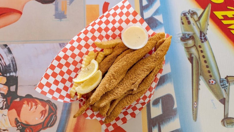 Menu page listing pollock, cod, and prawns.
