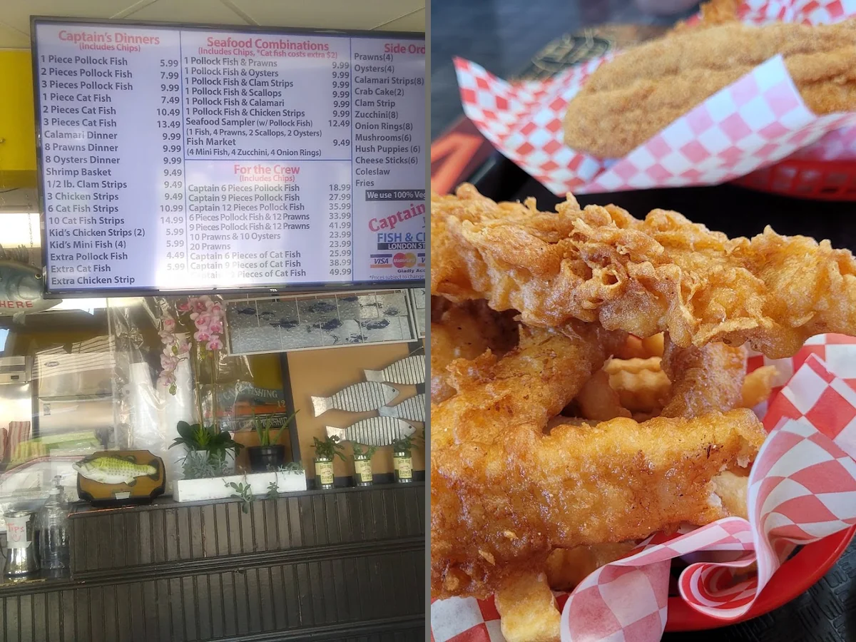 Golden fried fish on a casual restaurant plate.